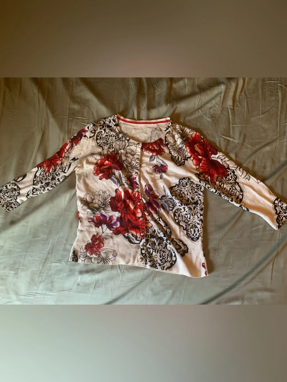 Floral Button-Up Cardigan with Red Roses - Picture 1 of 2